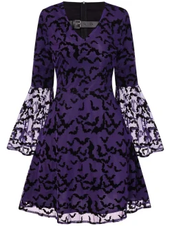 Fashion Retro Stage 1960s Bats Mesh Bell Sleeves Dress Purple