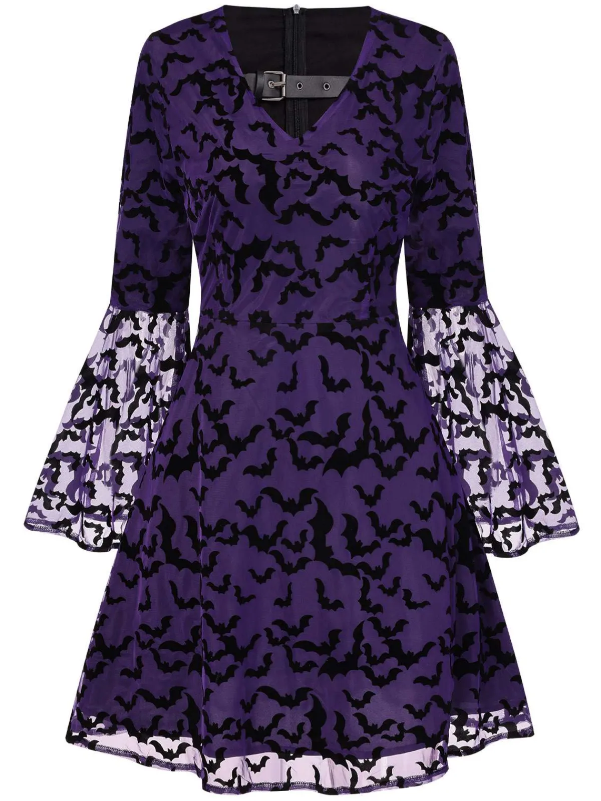 Fashion Retro Stage 1960s Bats Mesh Bell Sleeves Dress Purple
