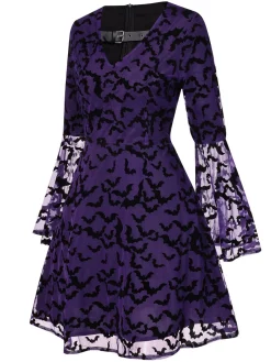 Fashion Retro Stage 1960s Bats Mesh Bell Sleeves Dress Purple
