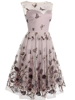 New Retro Stage 1950s Butterfly Lace Swing Dress Purple