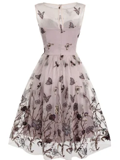 New Retro Stage 1950s Butterfly Lace Swing Dress Purple