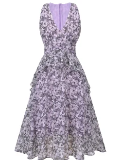 Fashion Retro Stage 1930s Butterfly V-Neck Sleeveless Dress Purple