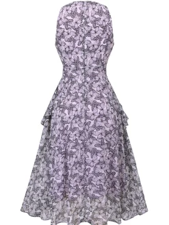 Fashion Retro Stage 1930s Butterfly V-Neck Sleeveless Dress Purple