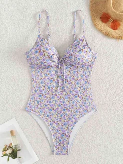Sale Retro Stage 1950s Ditsy Floral Lace-Up One-Piece Swimsuit Purple
