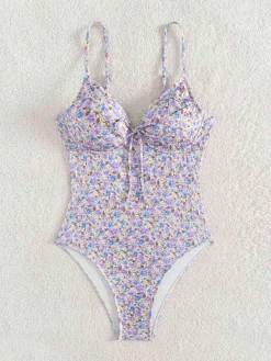 Sale Retro Stage 1950s Ditsy Floral Lace-Up One-Piece Swimsuit Purple