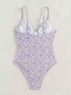 Sale Retro Stage 1950s Ditsy Floral Lace-Up One-Piece Swimsuit Purple