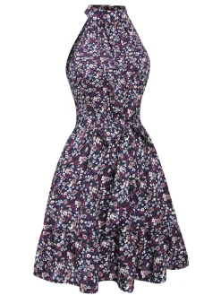 New Retro Stage 1980s Ditsy Floral Sleeveless Dress Purple