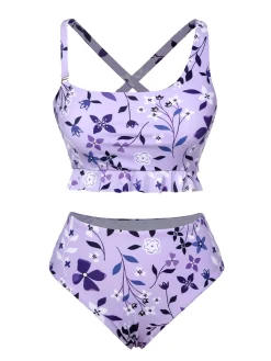 Outlet Retro Stage 1930s Floral Irregular Shoulder Straps Swimsuit Purple