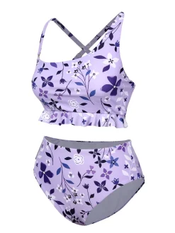 Outlet Retro Stage 1930s Floral Irregular Shoulder Straps Swimsuit Purple