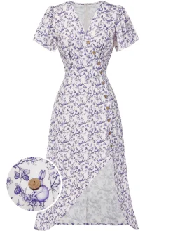 Hot Retro Stage Purple 1940s Floral V-Neck Added Button Dress