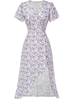 Hot Retro Stage Purple 1940s Floral V-Neck Added Button Dress