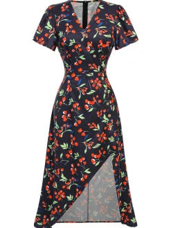 Hot Retro Stage Purple 1940s Floral V-Neck Added Button Dress
