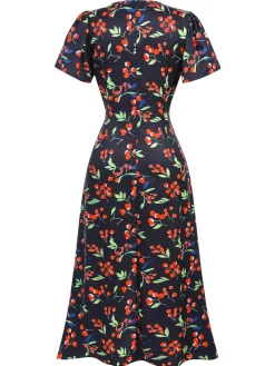 Hot Retro Stage Purple 1940s Floral V-Neck Added Button Dress