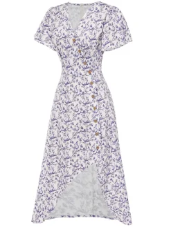 Hot Retro Stage Purple 1940s Floral V-Neck Added Button Dress