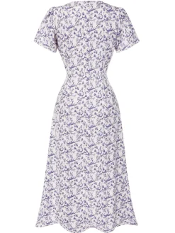 Hot Retro Stage Purple 1940s Floral V-Neck Added Button Dress