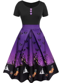 Best Retro Stage Purple 1950s Halloween Button Dress