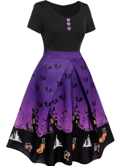 Best Retro Stage Purple 1950s Halloween Button Dress