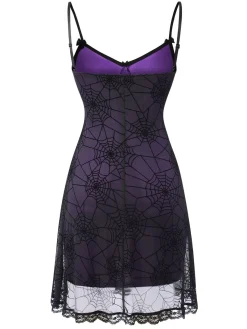 New Retro Stage 1960s Halloween Spider Web Lace Patchwork Dress Purple