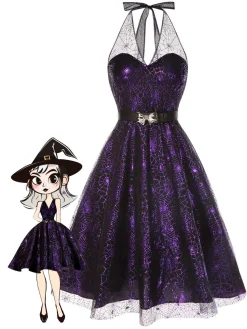 Outlet Retro Stage 1950s Laser Mesh Spiderweb Halter Dress Purple
