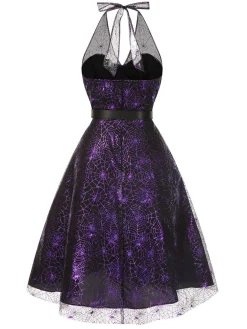 Outlet Retro Stage 1950s Laser Mesh Spiderweb Halter Dress Purple