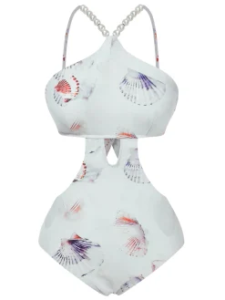 Clearance Retro Stage Purple 1970s Pearl Shell Print Hollow Straps Swimsuit Pale Violet Red
