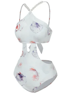 Clearance Retro Stage Purple 1970s Pearl Shell Print Hollow Straps Swimsuit Pale Violet Red