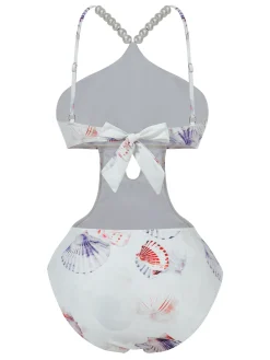 Clearance Retro Stage Purple 1970s Pearl Shell Print Hollow Straps Swimsuit Pale Violet Red