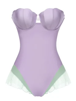 Hot Retro Stage 1970s Shell Mermaid Bandeau One-Piece Swimsuit Purple