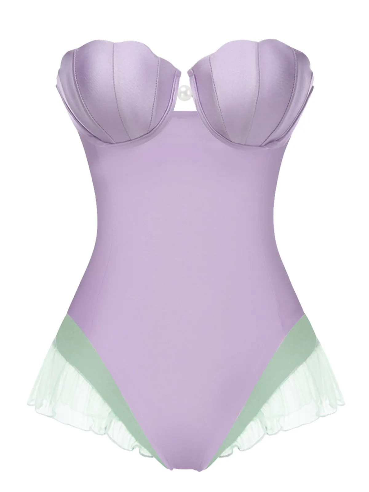 Hot Retro Stage 1970s Shell Mermaid Bandeau One-Piece Swimsuit Purple