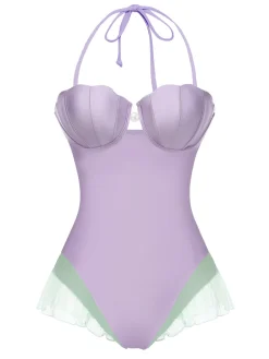 Hot Retro Stage 1970s Shell Mermaid Bandeau One-Piece Swimsuit Purple