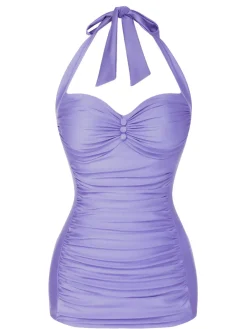 Clearance Retro Stage Purple 1950s Solid Gathered Halter Swimsuit