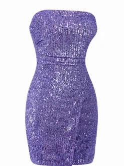 Fashion Retro Stage 1970s Solid Sequined Skinny Dress Purple