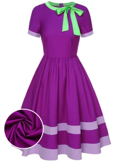 Outlet Retro Stage 1950s Solid Spliced Tie Neck Dress Purple