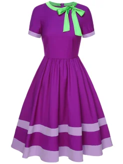 Outlet Retro Stage 1950s Solid Spliced Tie Neck Dress Purple