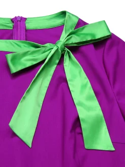 Outlet Retro Stage 1950s Solid Spliced Tie Neck Dress Purple