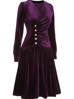 Discount Retro Stage 1940s Solid Velvet Buttons Dress Purple