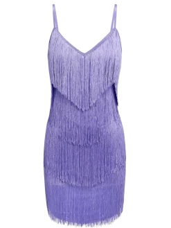 Fashion Retro Stage 1960s Spaghetti Strap Fringe Dress Purple