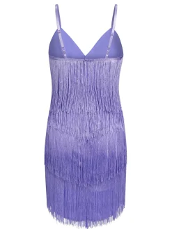 Fashion Retro Stage 1960s Spaghetti Strap Fringe Dress Purple