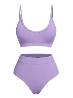 Sale Retro Stage 1950s Spaghetti Straps Solid Swimsuit Purple