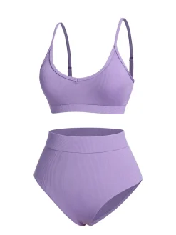 Sale Retro Stage 1950s Spaghetti Straps Solid Swimsuit Purple