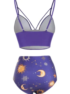 Clearance Retro Stage Purple 1940s Sun Moon Stars Lace-Up Swimsuit