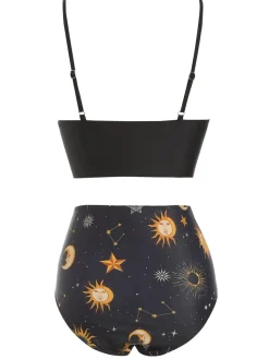Clearance Retro Stage Purple 1940s Sun Moon Stars Lace-Up Swimsuit