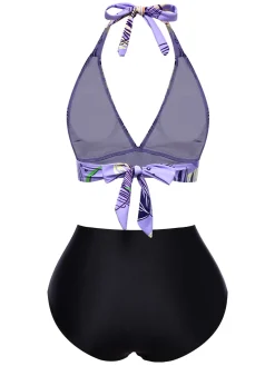 Sale Retro Stage 1960s Tropical Plants Lace-Up Halter Swimsuit Purple