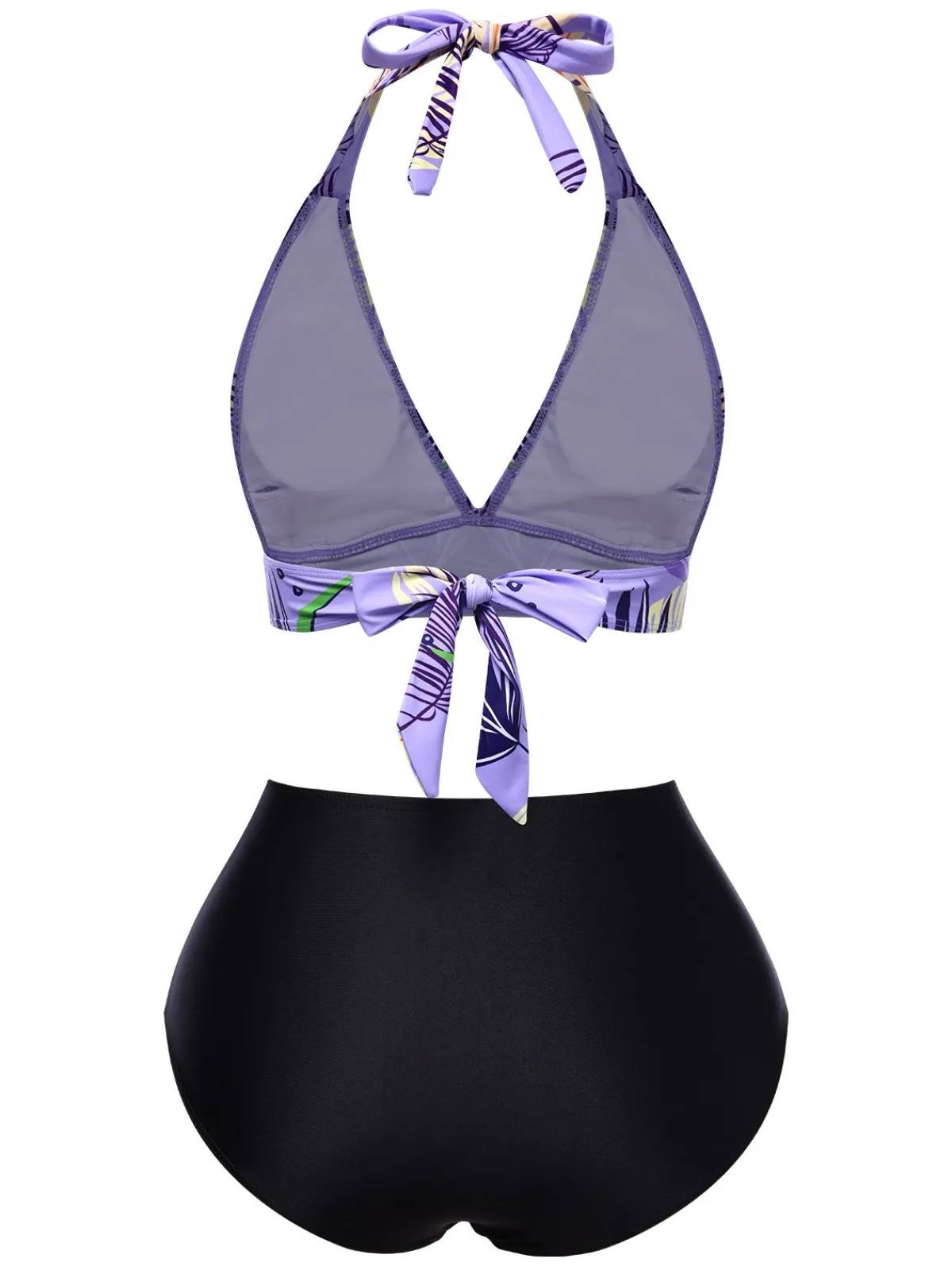 Sale Retro Stage 1960s Tropical Plants Lace-Up Halter Swimsuit Purple