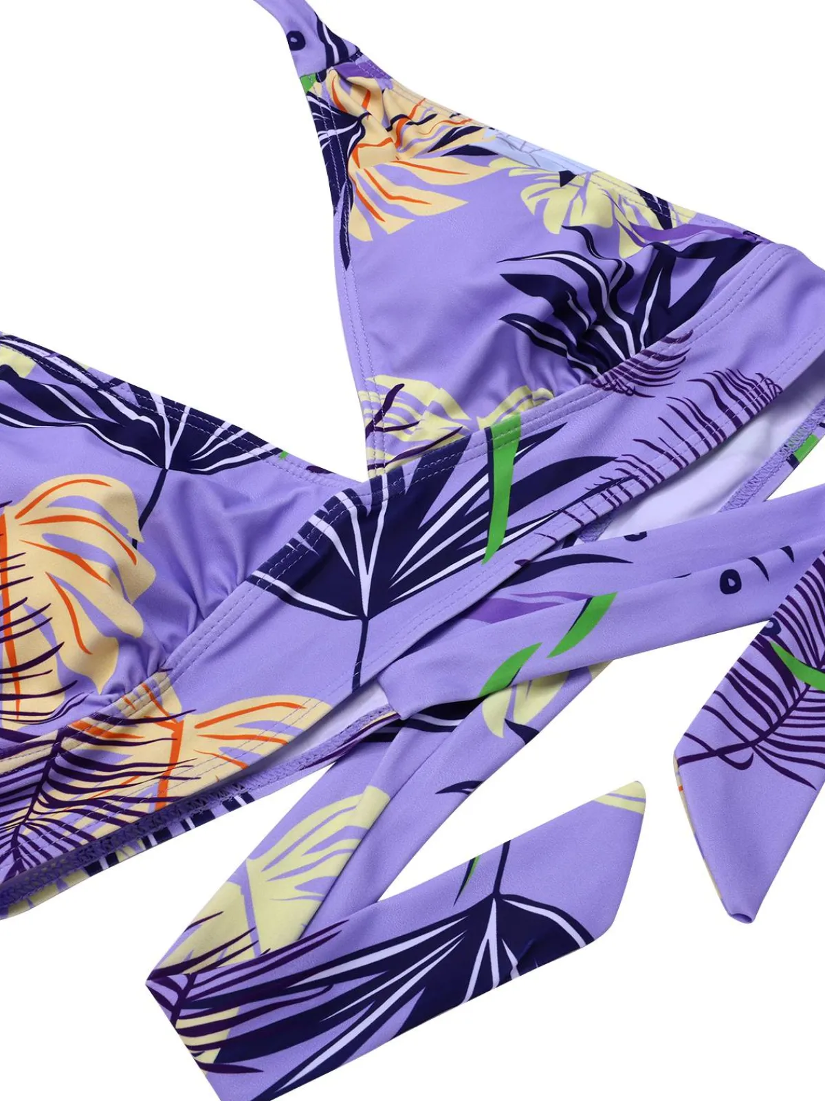 Sale Retro Stage 1960s Tropical Plants Lace-Up Halter Swimsuit Purple