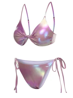Hot Retro Stage 1970s Twist Glossy Bikini Set Purple