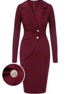 Fashion Retro Stage 1940s Solid Long Sleeved Lapel Dress Purplish Red