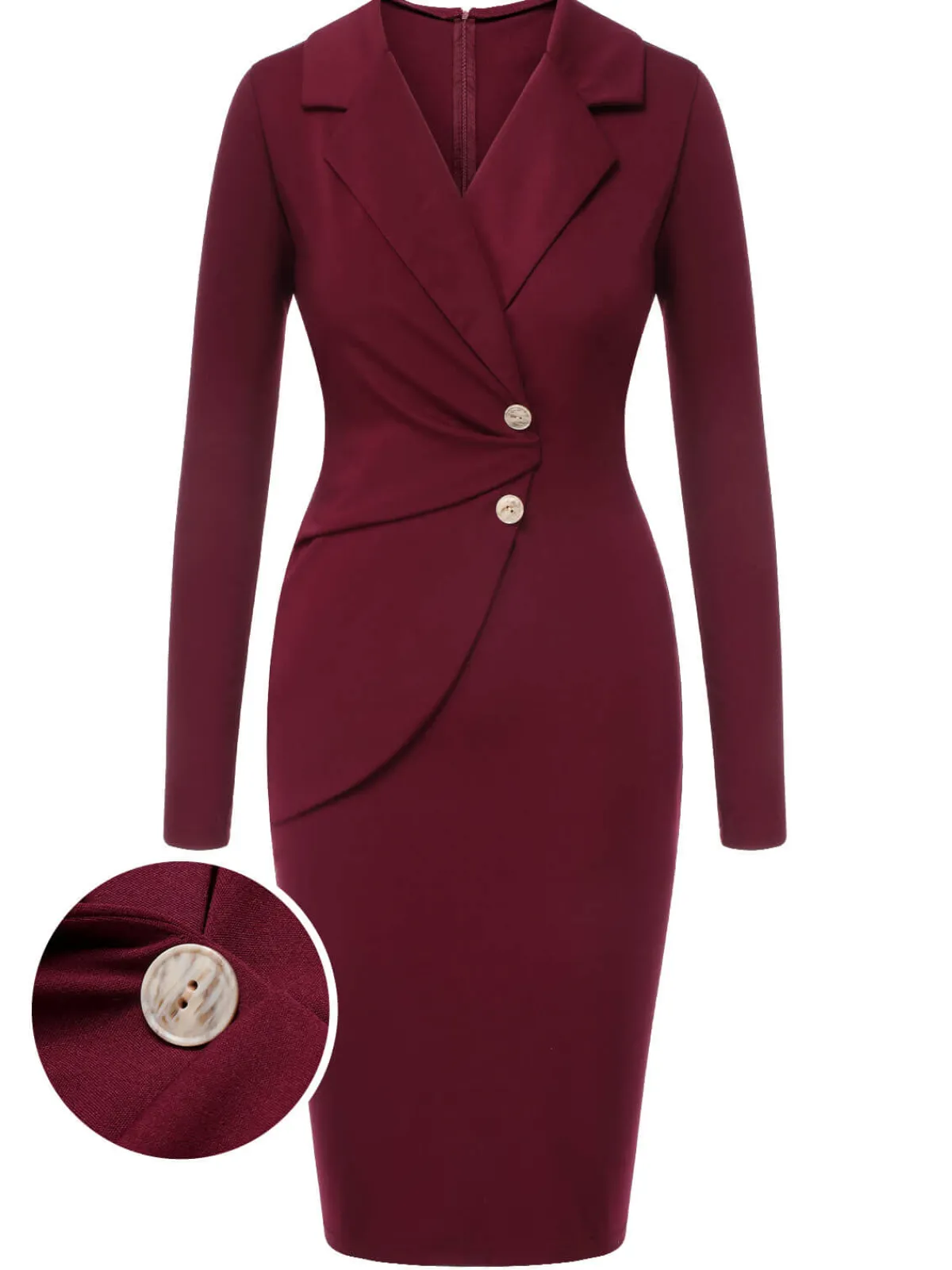 Fashion Retro Stage 1940s Solid Long Sleeved Lapel Dress Purplish Red