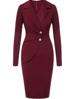 Fashion Retro Stage 1940s Solid Long Sleeved Lapel Dress Purplish Red