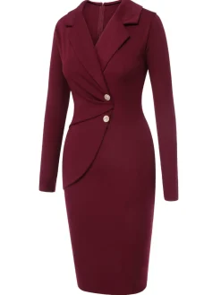 Fashion Retro Stage 1940s Solid Long Sleeved Lapel Dress Purplish Red